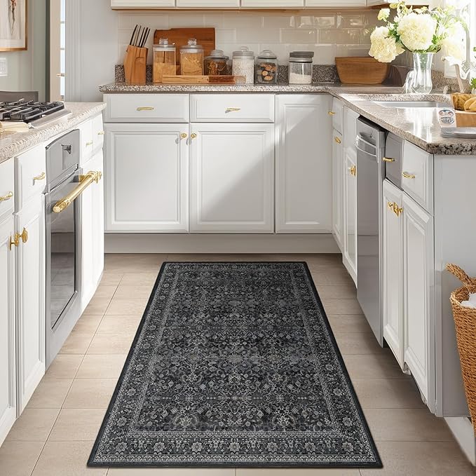 Dark Small Area Rugs 3x4, Earth Tone Throw Rugs for Kitchen Bathroom Bedroom, Washable Non Slip Ultra Thin Front Back Indoor Door Mats for Entrance Entryway Foyer, Vintage Farmhouse Midnight