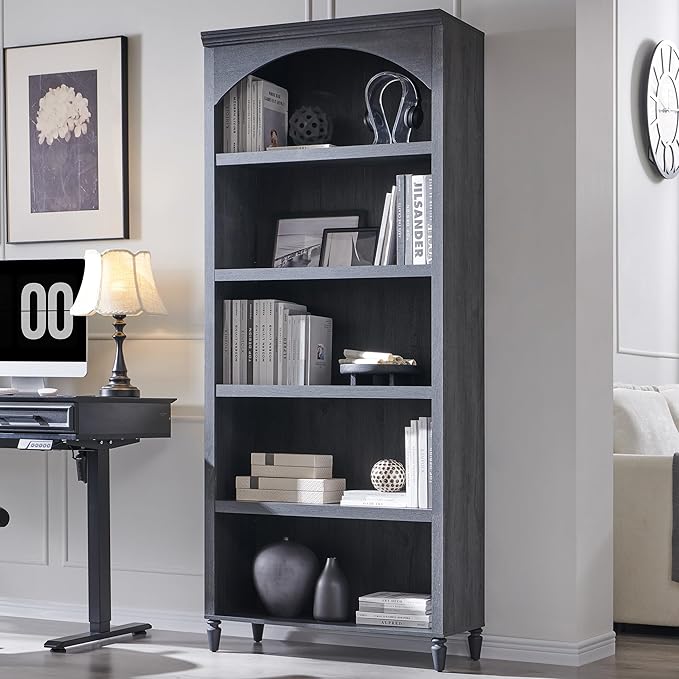 IFGET 76" Tall Arched Bookcase, Farmhouse 5 Tiers Large Arched Bookshelf Cabinet with Adjustable Shelves, Modern Wooden Book Shelf w/Storage and Open Display Shelves for Living Room, Office-Dark Grey