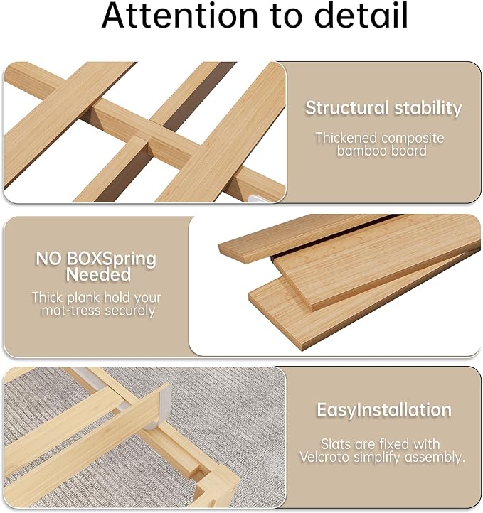 14 Inch Bamboo Bed Frame – Solid Wood Platform Bed Frame, Strong and Stable, with Non-Slip Slats for Support, No Box Spring Needed, Easy to Assemble, Noise-Free (Natural, Full)