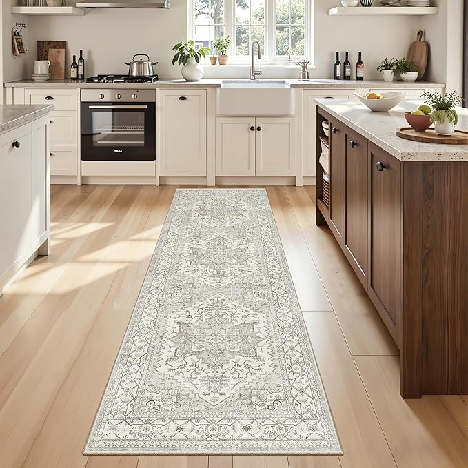 Washable 2x8 Runner Rug Vintage Area Rugs for Hallway Water Resistant Kitchen Entryway Rug Ultra Soft Living Room Bedroom Carpet Indoor Low Pile Floor Mat for Bathroom Dining Room(2x8,Beige)