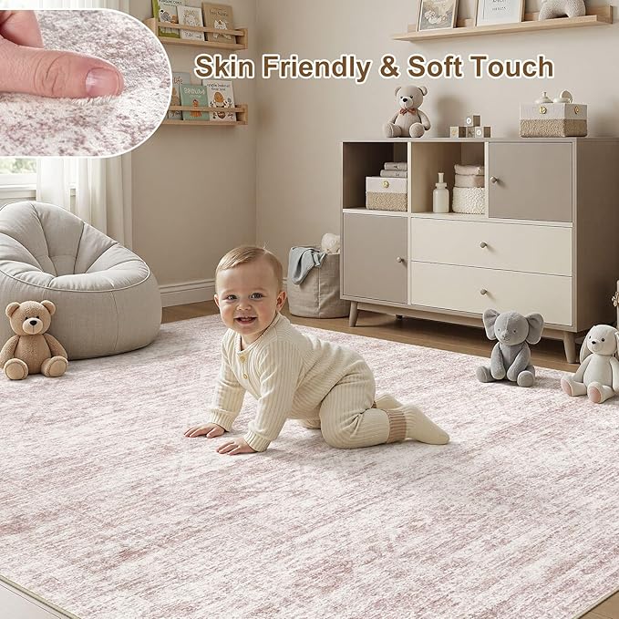 cotiled Large Area Rugs for Living Room 5x7, Machine Washable Rugs with Non Slip Backing Modern Neutral Abstract Rugs Stain Resistant Distressed Carpets for Home Office Decor (5x7 Pink)