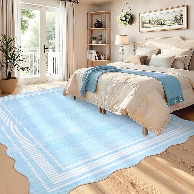 Garvee Washable Scalloped 5x7 Rug Living Room Rugs 5x7 Non-Slip Washable Solid Neutral Carpet, Modern Scalloped Rug Indoor Faux Wool Floor Mats for Bedroom Playroom Dining Room Home Office, Light Blue