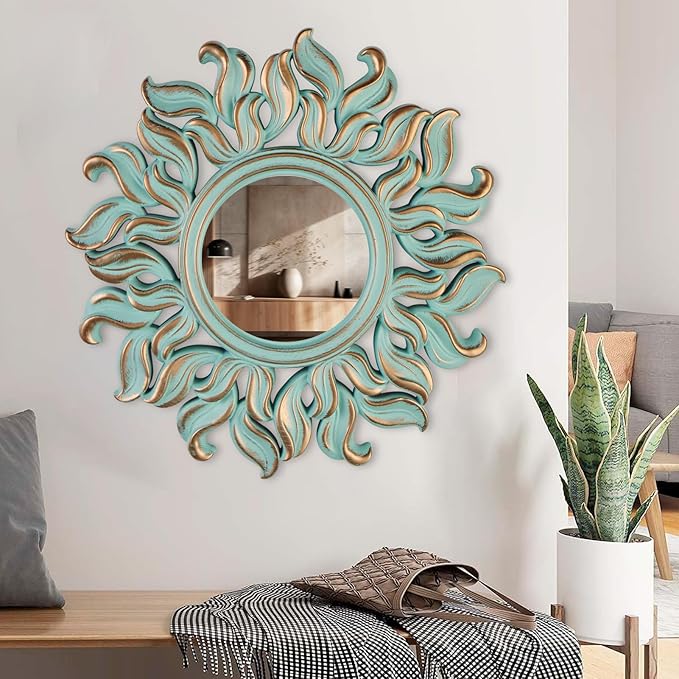 10''x10'' Round Wall Mirror, Green Circle Mirror for Bedroom, Entryway, Living Room, Decorative Modern Wall Decor