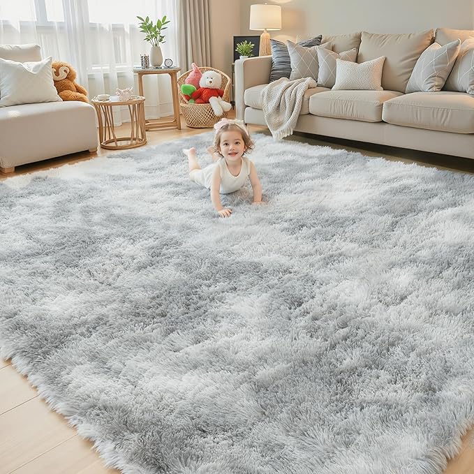 Area Rugs 9x12 Living Room, Large Area Rug Shag Shaggy Carpet Soft Plush Furry Bedside Rug, Machine Washable Area Rugs for Bedroom Kids Girls Boys Anti Slip(9 x 12, Light Grey Tie-Dyed)