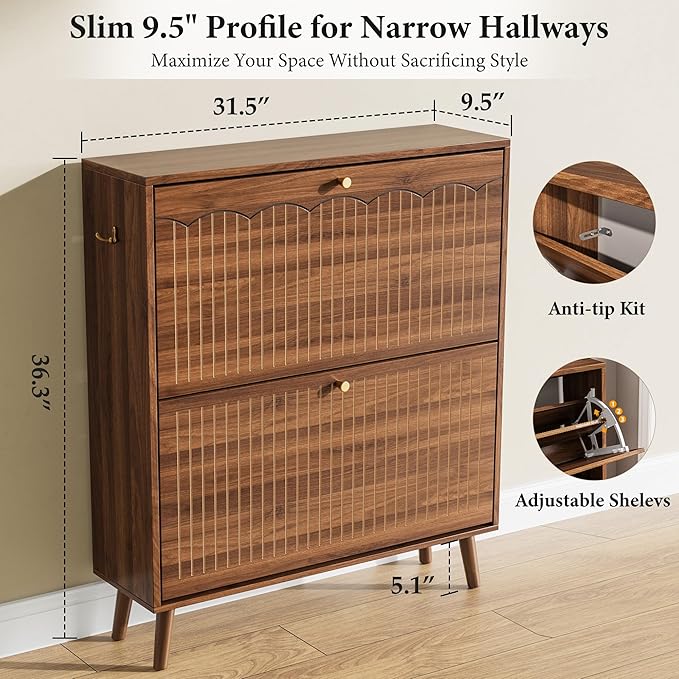 Nicetree Mid-Century Modern Slim Shoe Cabinet for Entryway, 9.5" Narrow Shoe Storage Cabinet with Architectural Arched Fluted Front, Entryway Shoe Storage with Adjustable Shelves,Classic Walnut