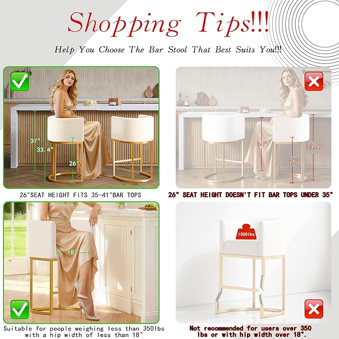 Modern Counter Height Bar Stools,Bar Stools Set of 2,Velvet Fabric Upholstered Barrel Barstools with Backs,26'' Kitchen Island Chairs,Metal Gold Frames,Beige White Velvet