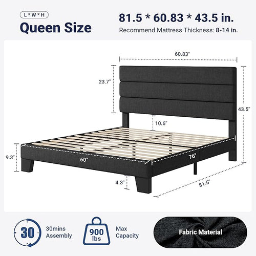 Allewie Queen Size Platform Bed Frame with Fabric Upholstered Headboard and Wooden Slats Support, Fully Upholstered Mattress Foundation/No Box Spring Needed/Easy Assembly, Dark Grey