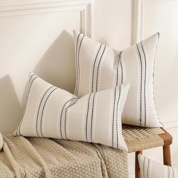 Hckot Throw Pillow Covers 24x24 Set of 2 Striped Pillow Covers Textured Linen Decorative Pillows Square Cushion Covers for Sofa Couch Bed Living Room Farmhouse Decor,Black