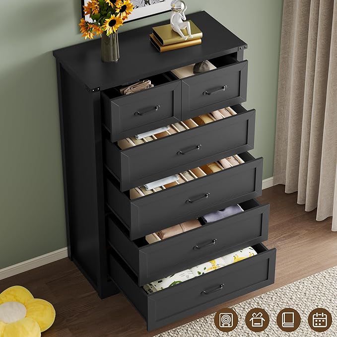 BORNOON Tall 6-Drawer Dresser for Bedroom, Modern Wooden Chest of Drawers with Metal Handles, Anti-Tipping Design, Sturdy and Stable Storage Organizer for Living Room, Entryway, Home Office