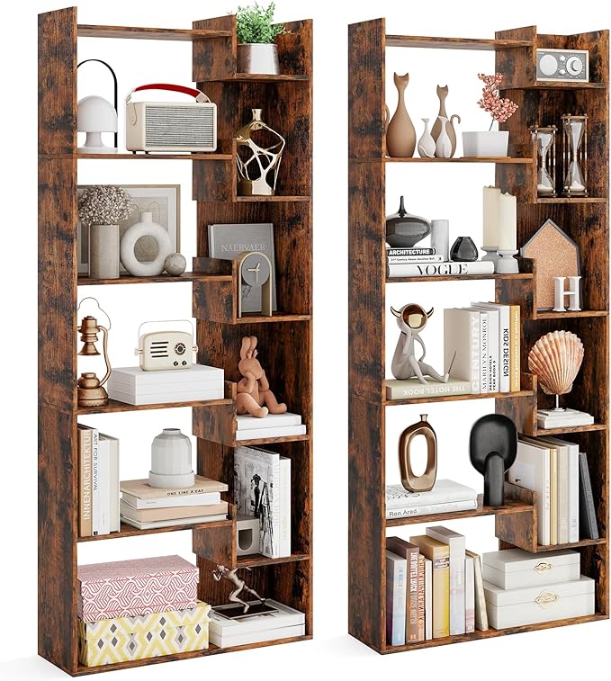 Tangkula 6-Tier Bookshelf, 64”H Tall Open Bookcase with Anti-Tip Kits, Home Office Free-Standing Wood Room Divider Display Shelf, Modern 11-Shelf Storage Rack for Study, Living Room (2, Rustic Brown)