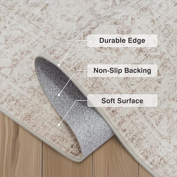 FMFUNCTEX 12x15 Washable Area Rug Beige Vintage Neutral Distressed Oriental Large Non Slip Carpet for Living Room Bedroom Soft Low Pile Indoor Mat Retro Rug for Dining Room Kitchen Office Nursery
