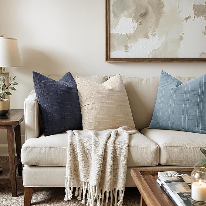 MIULEE Decorative Linen Check Euro Shams Throw Pillow Covers Neutral Farmhouse Vintage Pillow Covers 22x22 Set of 2 Boho Modern Home Decor for Sofa Couch Bedroom Cushion Navy Blue