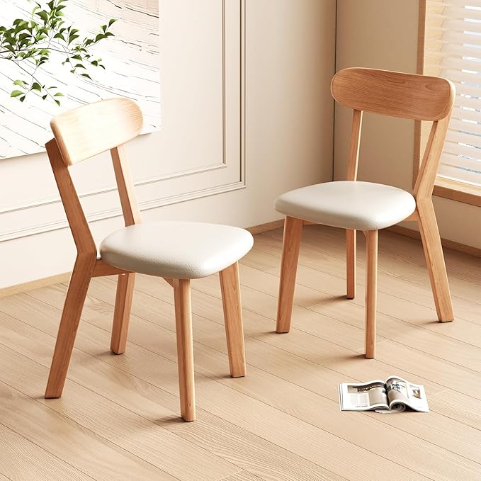 Dining Chairs Set of 2 Mid-Century Modern Oak Upholstered Leather Scandinavian Solid Wood Kitchen & Dining Room Chairs with Curved Backrest Sillas de Comedor for Dining Table(Original/Beige)