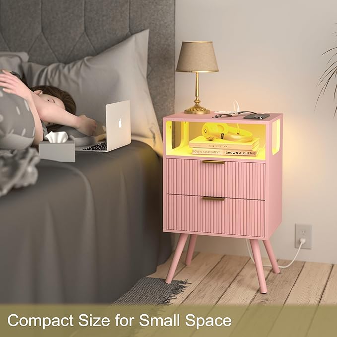 JOONEE Pink Nightstand with Charging Station and LED Lights,Modern Bedside Table with 2 Storage Drawer and Open Wood Shelf, for Bedroom and Small Spaces,Night Stand with Solid Wood Legs,Pink