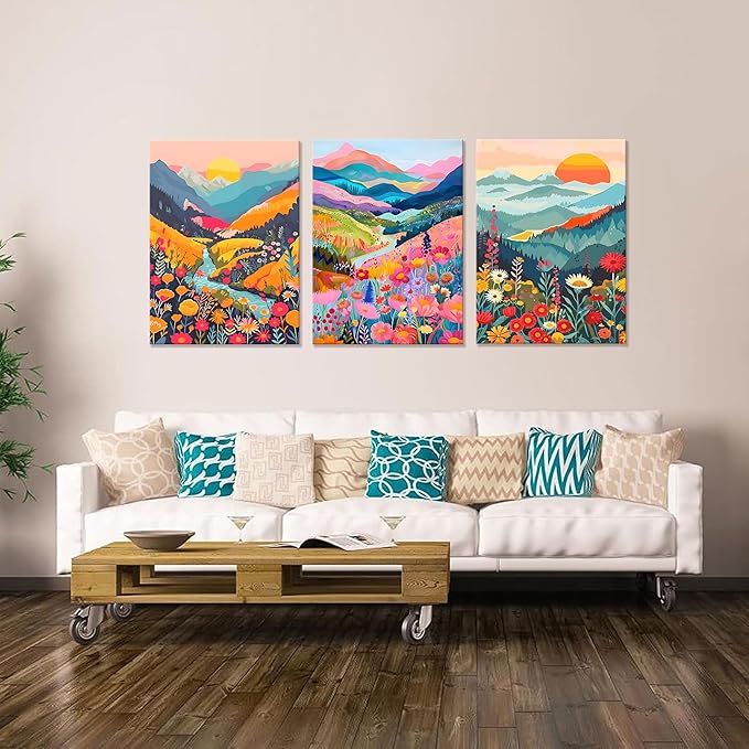 Colorful Watercolor Mountain Canvas Wall Art Set of 3 Boho Flower Picture Wall Decor Abstract Nature Landscape Artwork Paintings Posters Print for Living Room Bedroom Office 24x16In Framed