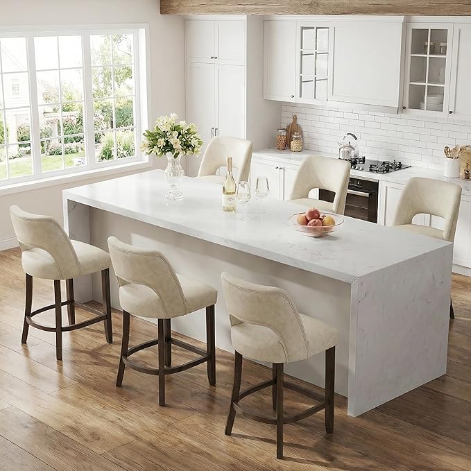VKNOW 26" Bar Stools Set of 2, Faux Leather Counter Height Bar Stools with Backrest and Rubberwood Legs, Upholstered Barstools for Kitchen Island, Bar and Dining Room, Beige