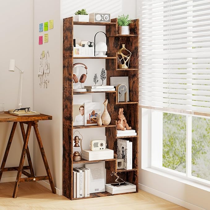 Tangkula 6-Tier Bookshelf, 64”H Tall Open Bookcase with Anti-Tip Kits, Home Office Free-Standing Wood Room Divider Display Shelf, Modern 11-Shelf Storage Rack for Study, Living Room (2, Rustic Brown)