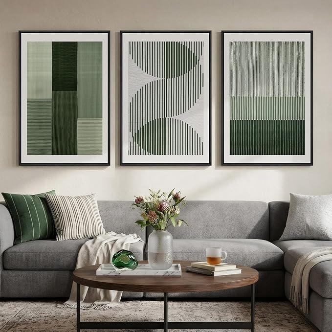 Large Framed Green Abstract Wall Art for Living Room, 3 Piece Modern Canvas Prints Paintings Artwork for Walls, Minimalist Sage Green Geometric Pictures Wall Decor for Hallway Dining Bedroom 24x36 In