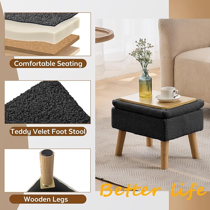 Storage Ottoman, Small Foot Stool Ottoman with Storage, Teddy Velvet Foot Rest with Wood Legs, Footstool for Living Room, Bedroom, Entryway, Black