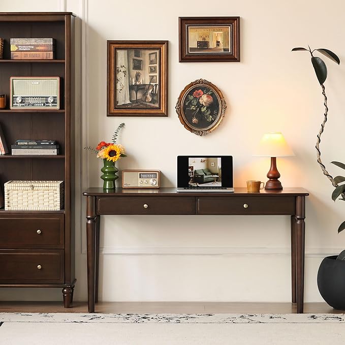 Home Office Desk, Solid Wood Computer Desk, Vintage Mid-Century Modern Writing Desk with for Study Work 47.24" W