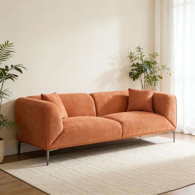 82.7" Modern Couch Boucle 3 Seater Sofa, Upholstered Minimalist Curved Sofas with Metal Legs, Cozy Luxury Deep Seat Memory Foam Couches for Living Room Bedroom Home Office Apartment, Orange