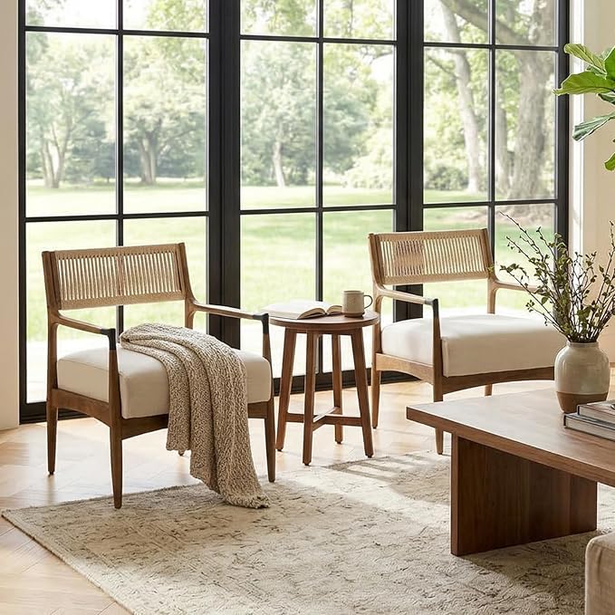 Ya-Home Mid-Century Modern Accent Chair with Woven Rope Back, Upholstered Linen Fabric Armchair with Solid Wood Frame for Living Room Bedroom, 1PC, Beige