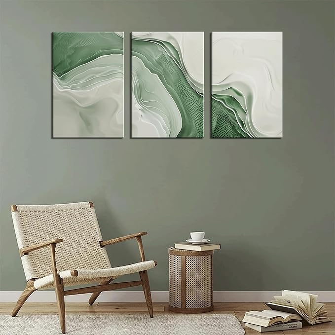 3Pcs Minimalist Green Abstract Canvas Wall Art Modern Neutral Wall Decor Pictures Green White Textured Posters Prints for Living Room Bedroom Home Decoration 12x16in