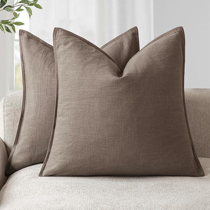 Foindtower Set of 2, Decorative Linen Soild Throw Pillow Covers Soft Accent Euro Cushion Case Farmhouse Neutral Pillowcase for Chair Couch Sofa Bedroom Living Room Home Decor 24 x 24 Inch Light coffee
