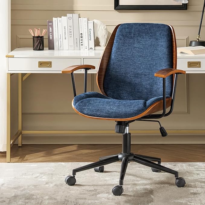 Modern Office Chair with Bentwood Polyester Upholstery Ergonomic Swivel Desk Chair with Adjustable Height for Home Office or Study Navy