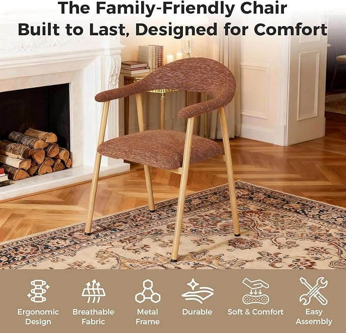 DUMOS Dining Chairs Set of 2, Linen Fabric Upholstered Kitchen Side Chairs with Curved Backrest & Metal Legs, Modern Farmhouse Accent Chairs for Dining Room Kitchen Living Room Cafe, Orange