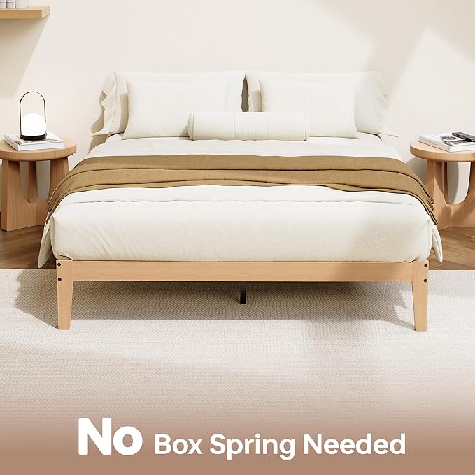 Tyndall Full Size Bed Frame, 12 Inch Solid Wood Platform Bed with Wooden Slats, Natural Finish Wood Bed Frame with Underbed Space for Storage, Easy Assembly, No Box Spring Needed