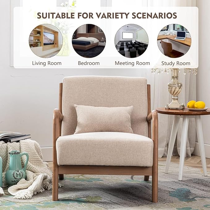 ANJ Mid Century Modern Accent Chairs Set of 2, Single Fabric Lounge Reading Armchair with Solid Wood Frame, Easy Assembly Arm Chairs for Living Room Beige 2