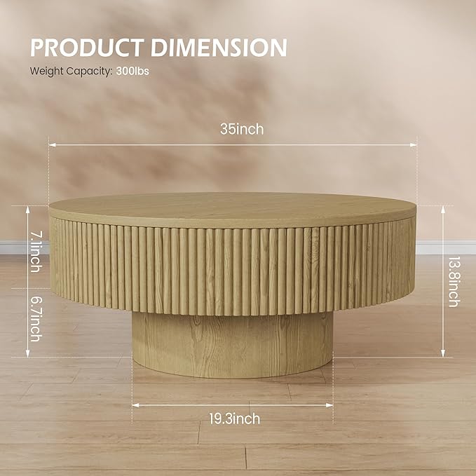 YOUDENOVA 35” Round Fluted Coffee Table, Modern Wood Circle Coffee Table, Veneer Handcrafted Relief Tea Table with Sturdy Pedestal for Living Room, Easy Assembly - Natural