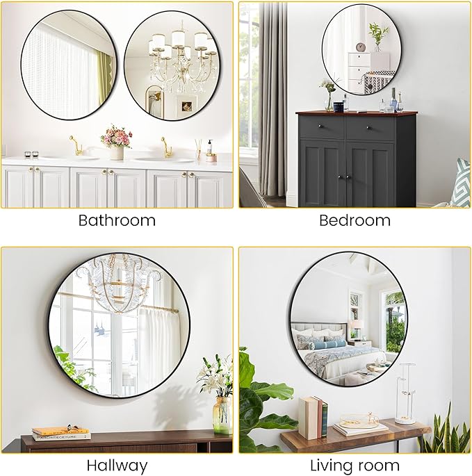 30 Inch Black Round Wall Mirror, Modern Metal Frame for Bathroom, Living Room, Bedroom Decor