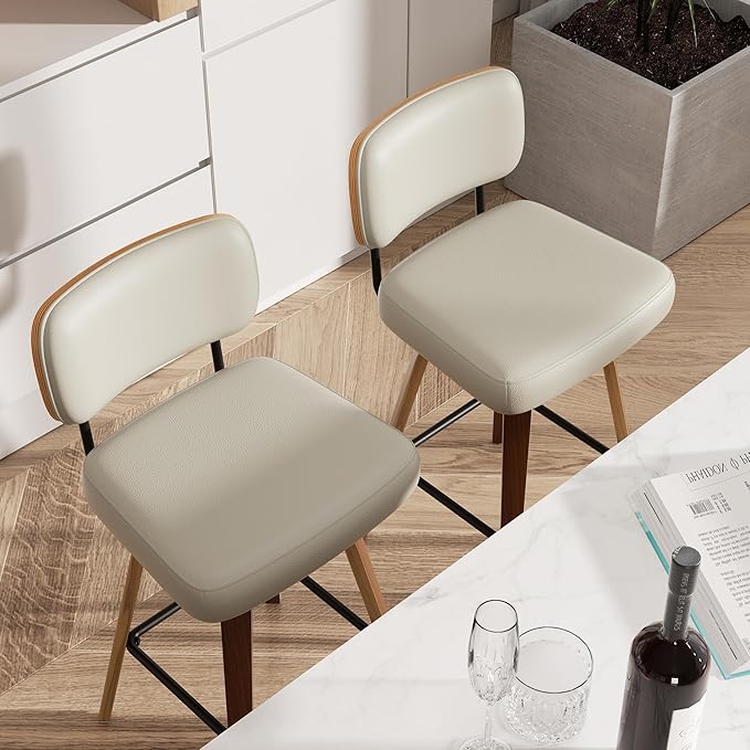 Swivel Bar Stools Set of 4, 26" Upholstered Faux Leather Counter Height Barstools with Walnut Back & Bentwood Legs, Mid Century Modern Bar Chairs Island Stools for Kitchen Counter, Beige Grey