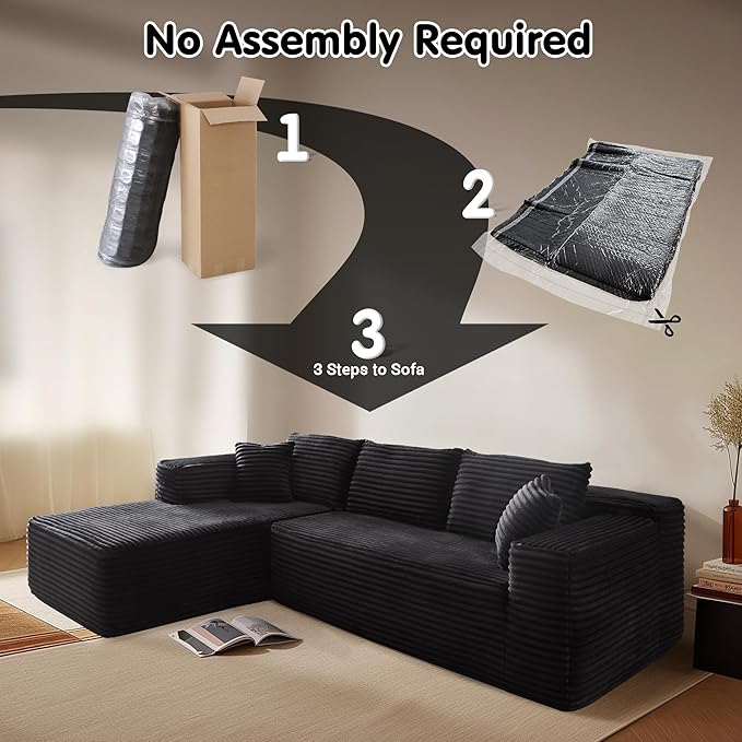 ovios 104" Cloud Boneless Couch with L-Shape Chaise,Modern Sectional Modular Sofa with Deep Seat, Upholstered Couches for Living Room Bedroom,No Assembly Required, Black (Plush Corduroy Fabric)