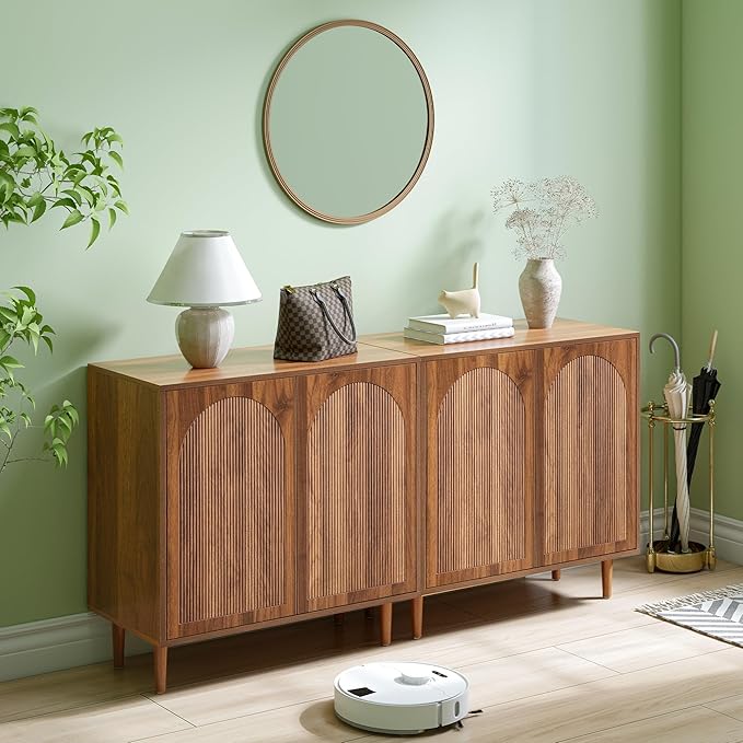 Bifins 63” Fluted Sideboard Buffet Cabinet with Storage,Mid Century Modern Small Wood Storage Cabinet with Arched Profile for Dining Room Kitchen Living Room