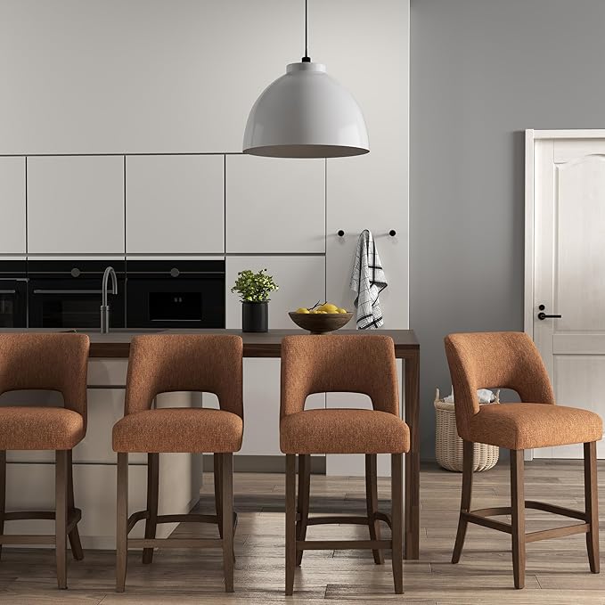 VKNOW Bar Stools Set of 4, 26" Upholstered Counter Height Bar Stools,Modern Counter Stools with Wood Legs for Kitchen Island Dining Room Bar,Orange