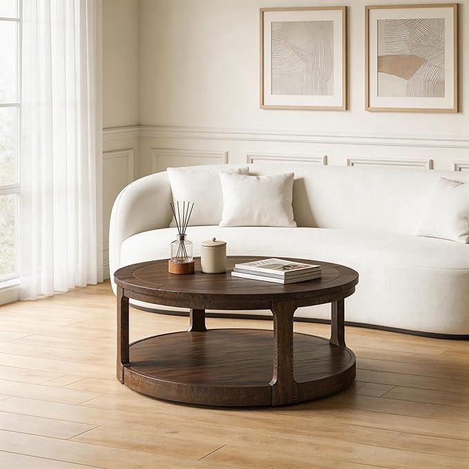 WILLIAMSPACE 40" Round Coffee Table with Wheels, Circle 2 Tier Solid Wood Center Coffee Table, Mid Century Retro Farmhouse Rounded End Table for Living Room Apartment, ø40 x 17.52" H (Dark Brown)