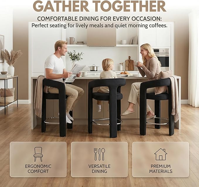 HNY 26 Inch Modern Tall Barrel Bar Stools Set of 2, Velvet Upholstered Barstools with Open Backs, Counter Height Bar Stools Chairs with Armrest for Kitchen Island, Black