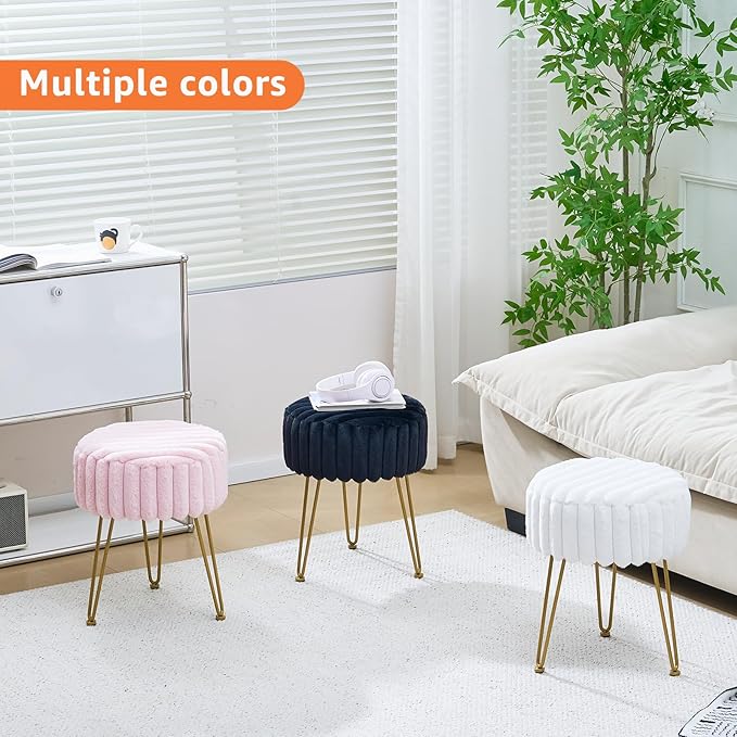 Vanity Stool,Faux Fur Ottoman Foot Stool, Dressing Table Seat with Metal Leg Vanity Chair for Bedroom, Living Room, Entryway, Offices