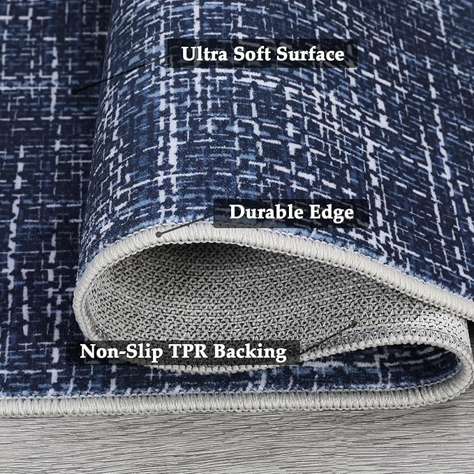 RUGSREAL 8x10 Washable Rug for Living Room Non-Slip Modern Abstract Area Rug Stain Resistant Large Bedroom Rug Contemporary Accent Throw Floor Carpet Solid Rug for Dining Room Home Decor, Blue