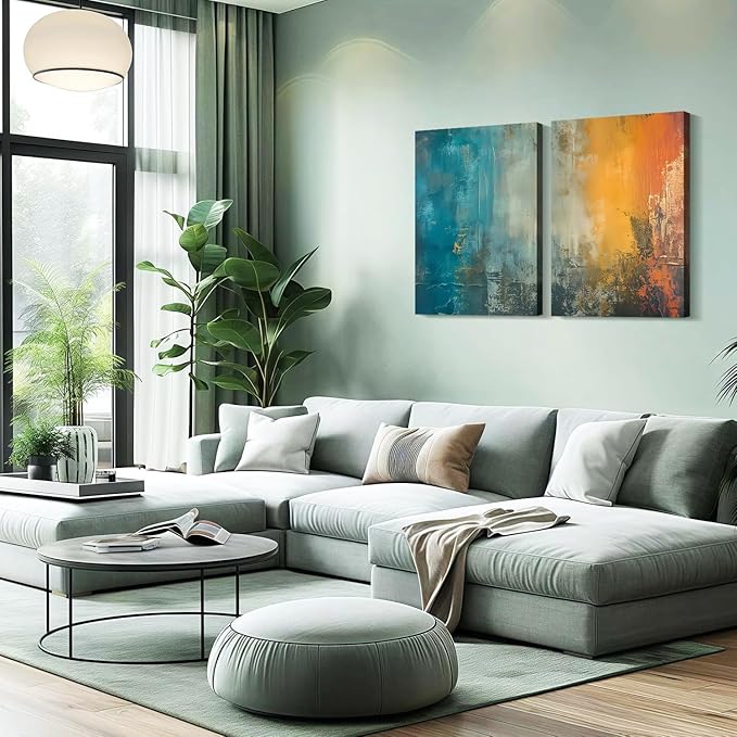2 Framed Canvas Abstract Art Blue Orange Wall Decor Paintings for Home Bedroom Office Kitchen Wall Decor Modern Abstract Wall Art Paintings Prints24x16 Inch