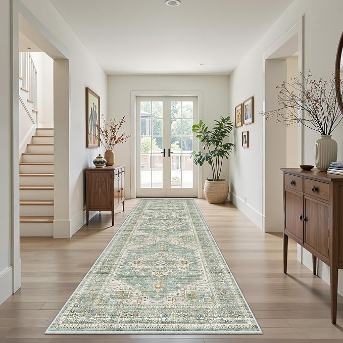 Washable 2x8 Runner Rug Vintage Area Rugs for Hallway Water Resistant Kitchen Entryway Rug Ultra Soft Living Room Bedroom Carpet Indoor Low Pile Floor Mat for Bathroom Dining Room (2'x8',Green)