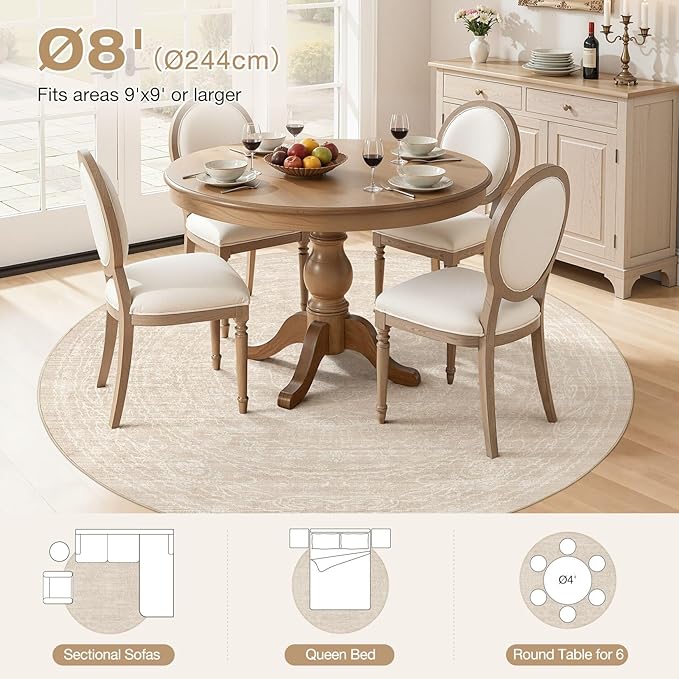 8ft Round Rug Living Room: Washable Large Vintage Neutral Area Rug Non-Slip Soft Stain Resistant Indoor Carpet for Bedroom Nursery Dining Room Under Table Bed Home House Office Playroom - Beige
