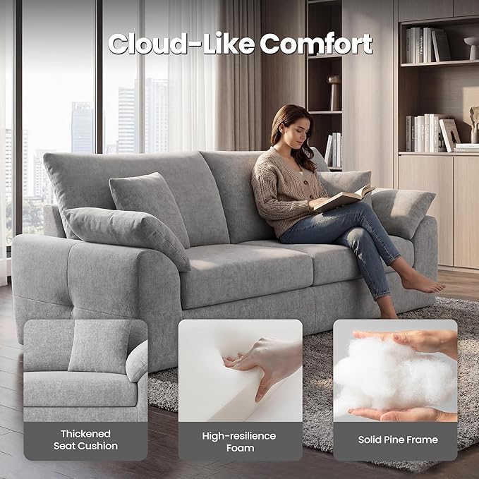89.8" Modern Loveseat Sofa for Living Room, Cloud Boneless Couches with 4 Pillows, Mid Century Loveseat couches for Small Place, No Assembly Required, Light Grey