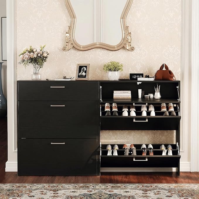 VINGLI Set of 2 Black Shoe Cabinet for Entryway, 2-Pack 31.5" W Extra Wide Slim Shoe Organizer with 2 Flip & 1 Drop-Down Drawers, Modern All-Black Shoes Rack, Narrow Freestanding Cabinet for Hallway