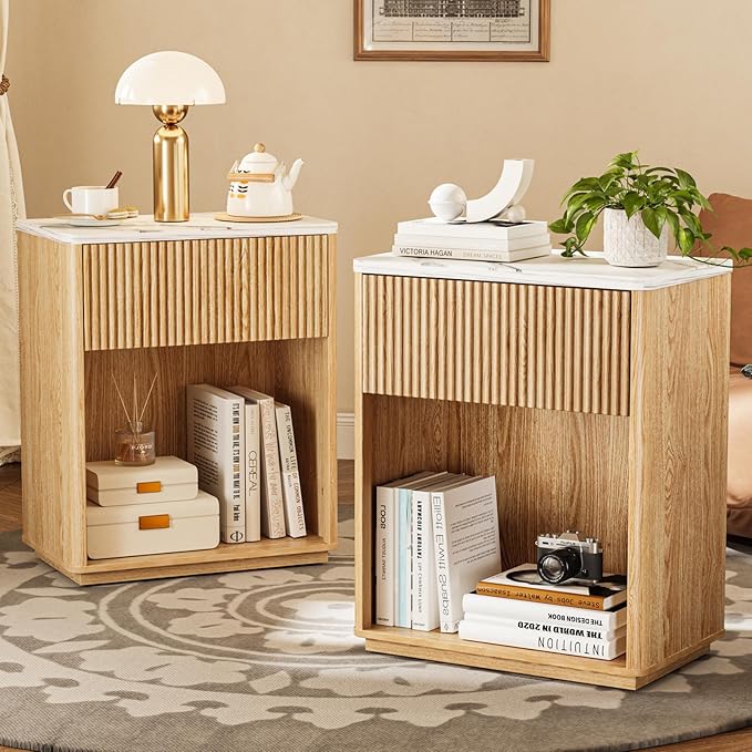 Modern Fluted Nightstand Set of 2 for Bedroom, Mid Century Bedside Table Set with Marble Top & Drawer, Wood End Table, 2 Farmhouse Night Stands for Guest Room, Hallway, Oak