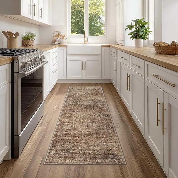 FMFUNCTEX 2x8 Runner Rug Terracotta Washable Vintage Neutral Distressed Oriental Non Slip Low Carpet Retro Hallway Entryway Pile Indoor for Kitchen Living Room Bedroom Bathroom Laundry Entry Bedside