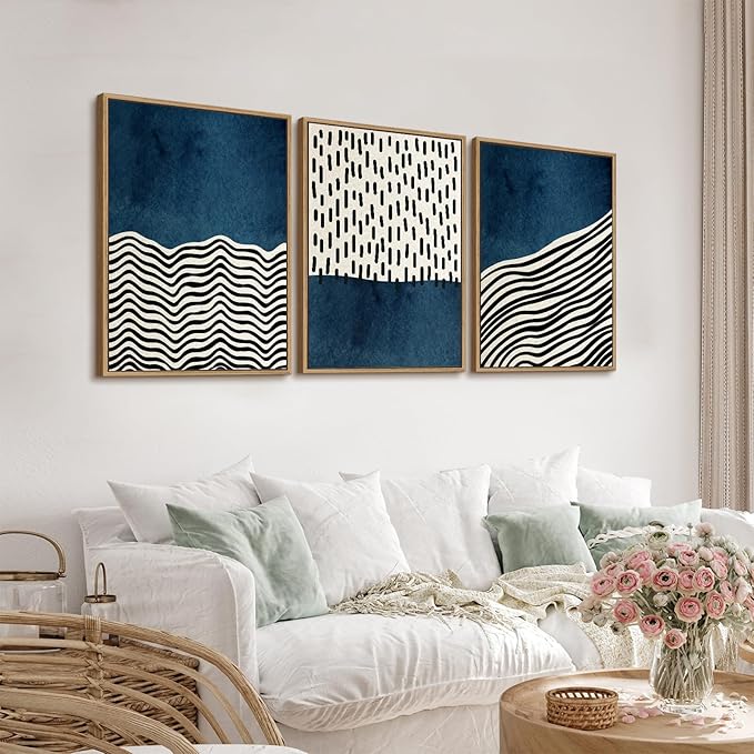 Framed Wall Art Canvas Set Mid Century Boho Picture Modern Abstract Geometric Lines Wall Decor Minimalist Black Indigo Canvas Painting Artwork Living Room Bedroom Home Office 20"x28"x3 Natural